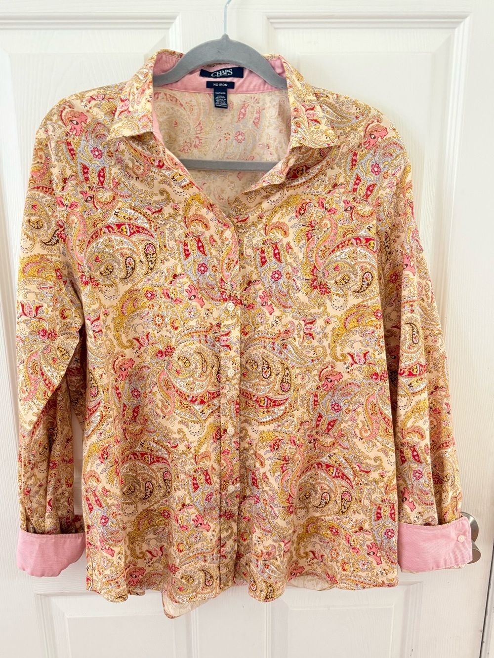 Chaps 100% Cotton Paisley Button Down Shirt Pink Tan Boho Western Size XL